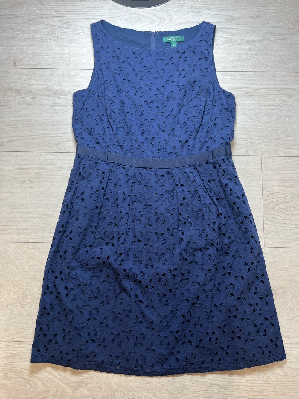 Ralph Lauren Navy Eyelet Sleeveless Midi Dress 14p